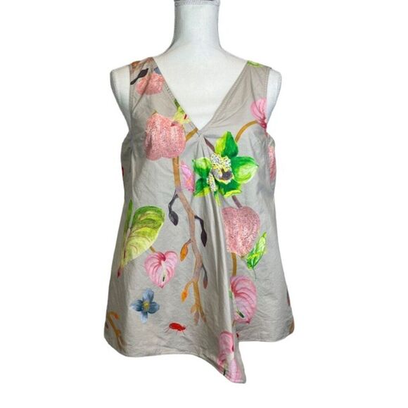 TIBI Floral Cotton Poplin Top Taupe Tropical Grasshoppers Women's Size 4 - Picture 2 of 13